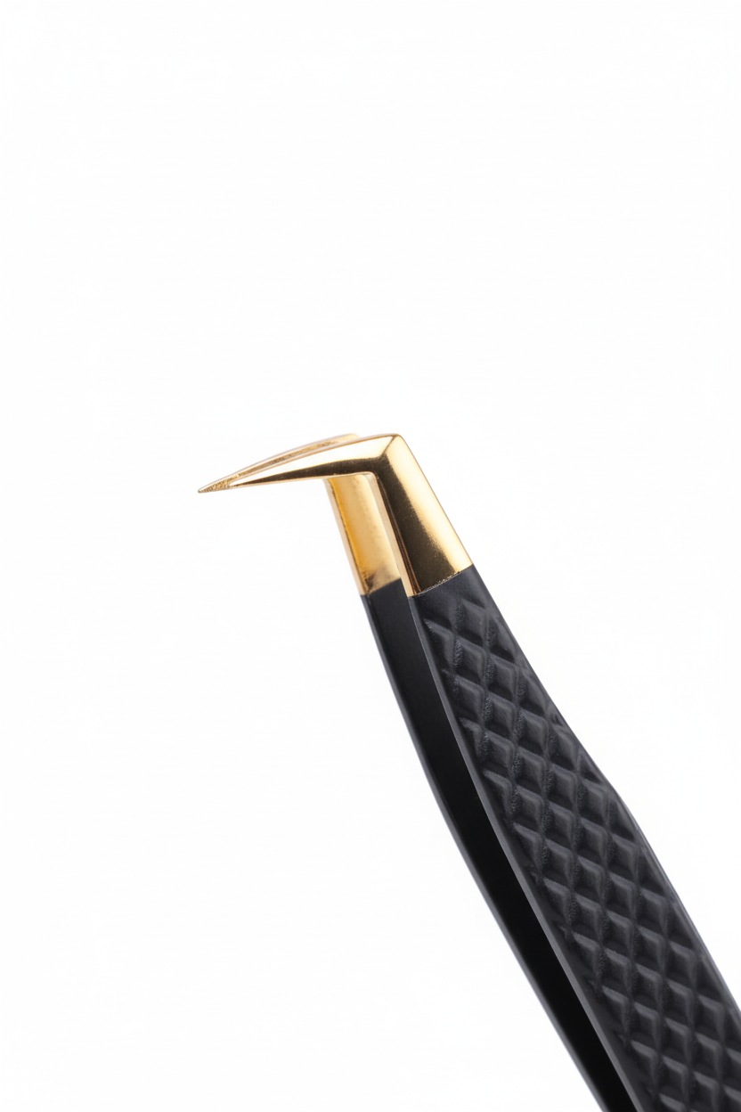 Dettaglio punta angolata 90° con finitura oro pinzetta HIROSE professionale per ciglia volume