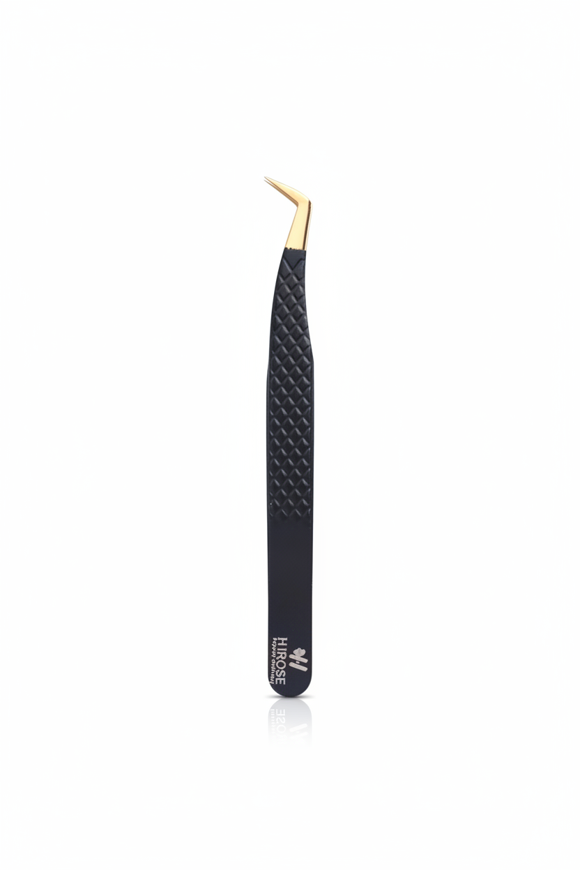 Pinzetta HIROSE punta angolata 90° nera con finitura oro per lash extension volume - vista frontale
