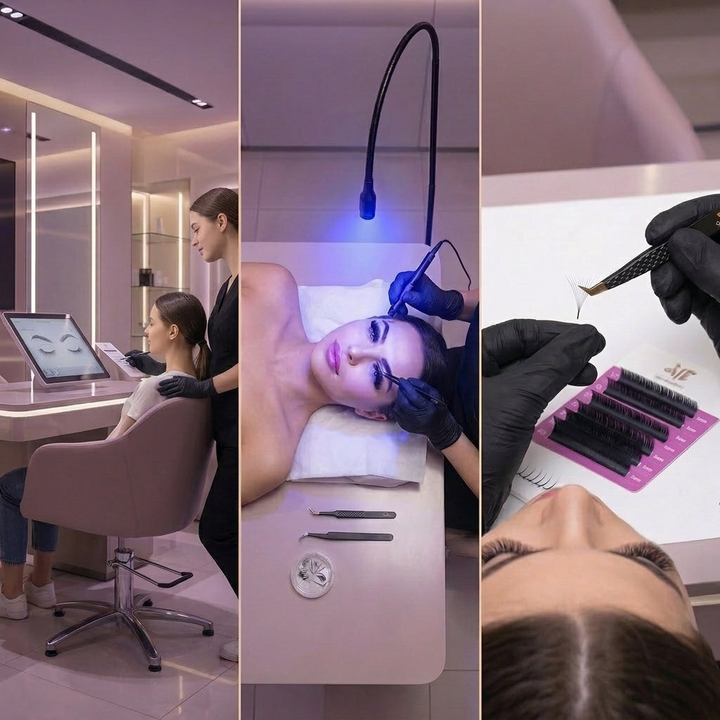 Tecnica lashmaker applica extension ciglia con lampada LED Hirose professionale: luce UV blu per polimerizzazione perfetta e materiali di alta qualità CN Professional